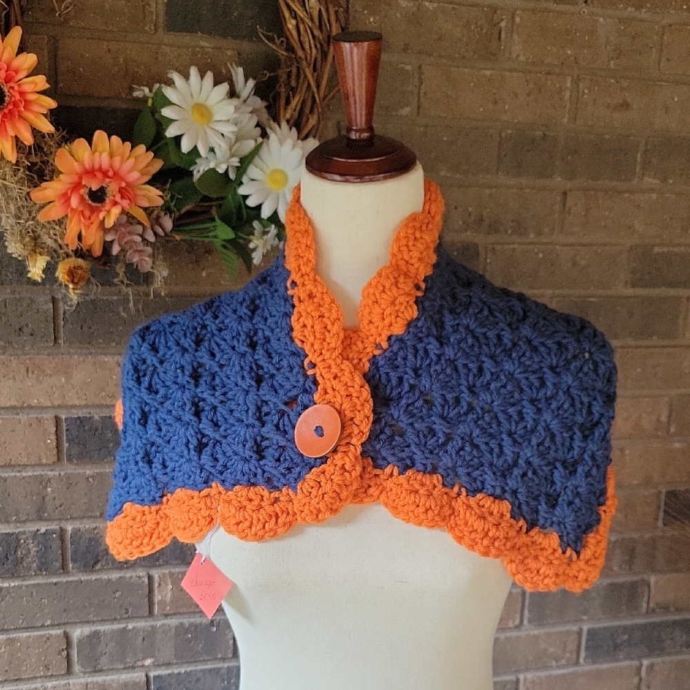 Handmade shawl, wrap, orange/blue